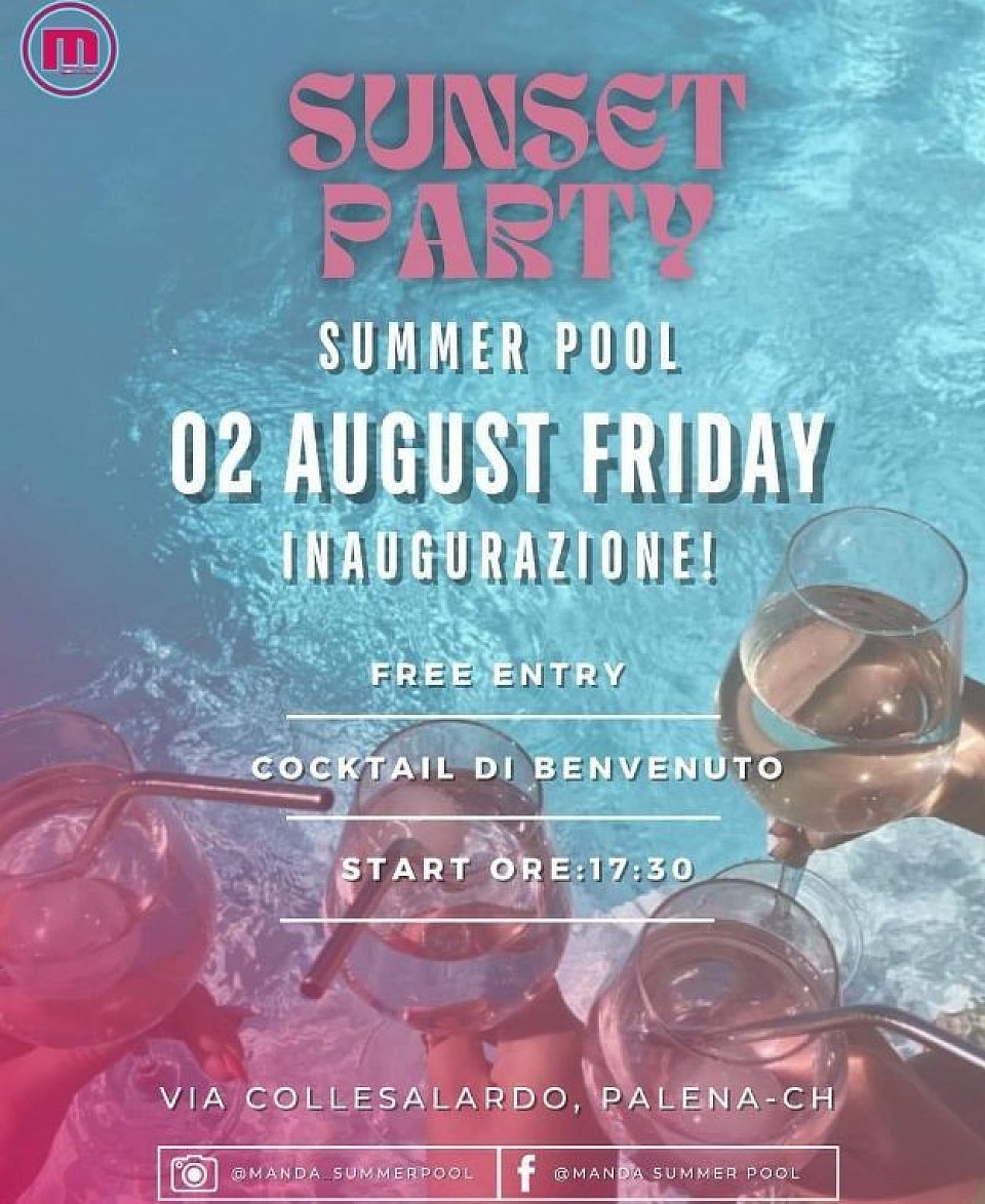 📣 Grande Inaugurazione della Mand Summer Pool a Palena! 🎉  🌞 Vieni a celebrare con noi l'apertura della nostra nuova piscina estiva! 🌴  🍹 Cocktail di benvenuto per tutti i nostri ospiti!  🆓 Entrata gratuita per un'esperienza indimenticabile!  📅 Data: 02/08/2024 🕒 Orario: 17:30  Non mancare! Porta i tuoi amici e preparati a divertirti sotto il sole! ☀️  📍 Indirizzo: Via Collesalardo, Palena - CH